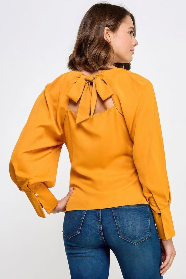 Raglan Long Sleeve Top With Back Neck Tie - Women's top - SmartBuyApparel