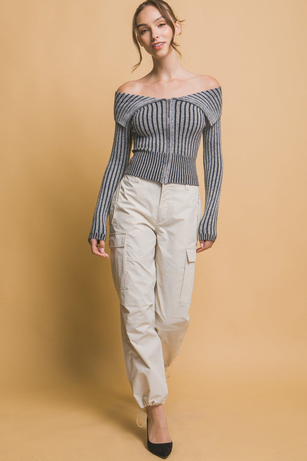 Ribbed Bardot Zip - Up Long Sleeve - Women's sweater - SmartBuyApparel