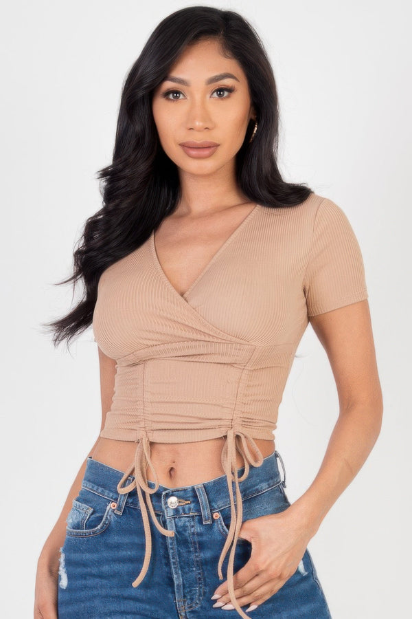 Ribbed Ruched Drawstring Surplice Top - Women's top - SmartBuyApparel