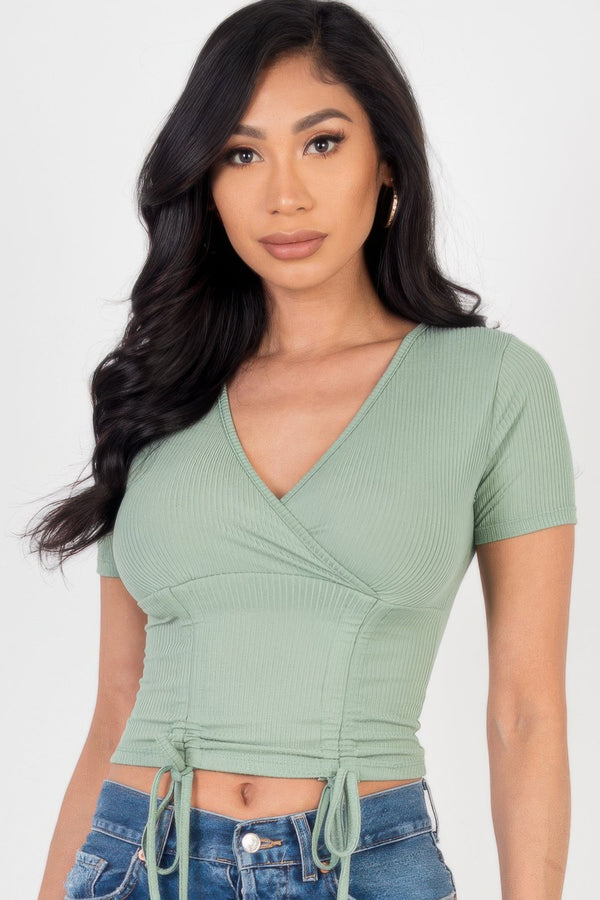 Ribbed Ruched Drawstring Surplice Top - Women's top - SmartBuyApparel