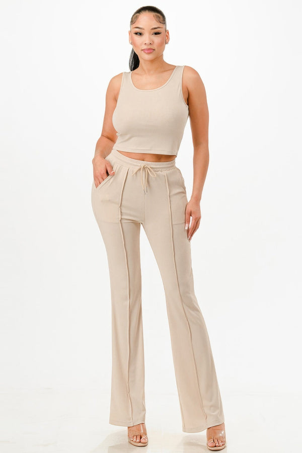 Ribbed Tank Top And Pant Set - | SmartBuyApparel
