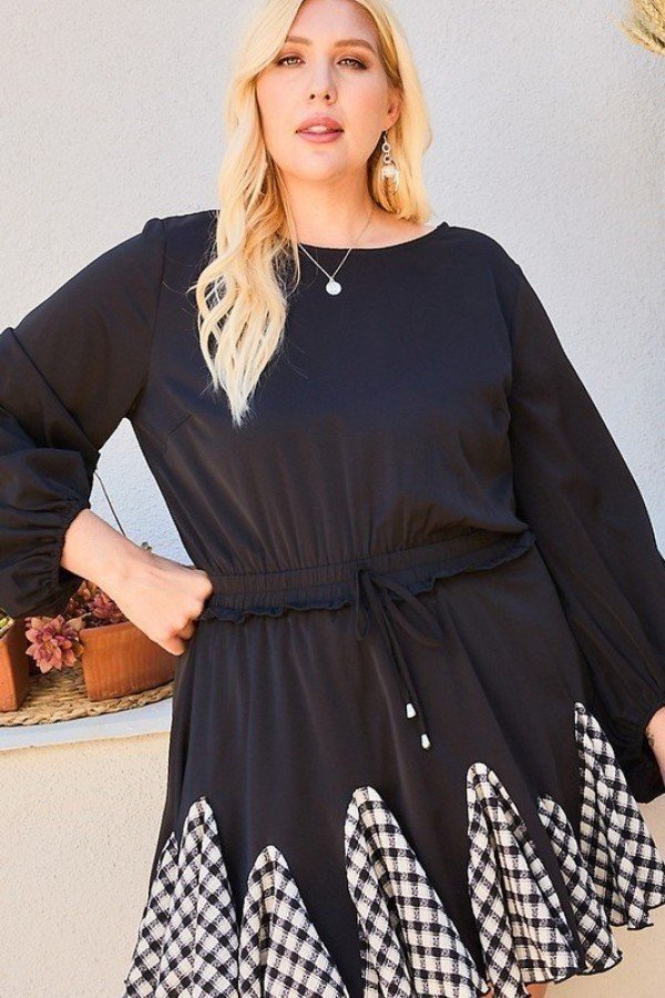 Round Neck 3/4 Bubble Sleeve Gingham Ruffle Romper - Romper - SmartBuyApparel