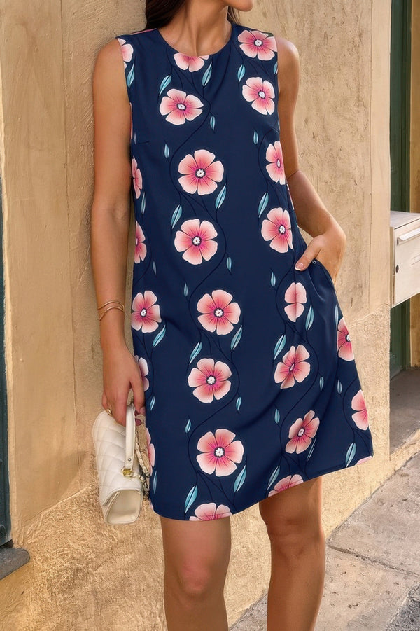 Round Neck Floral Print Sleeveless Loose Dress - | SmartBuyApparel