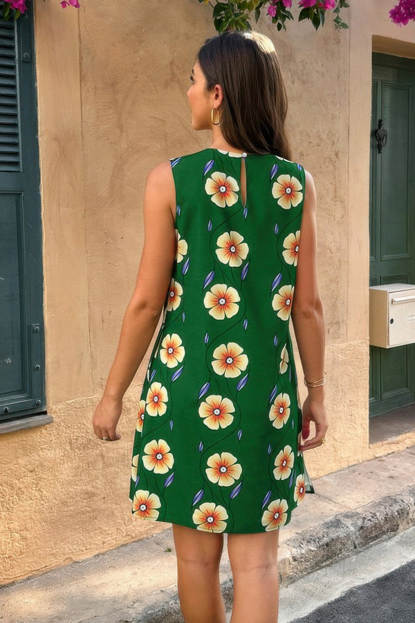 Round Neck Floral Print Sleeveless Loose Dress - | SmartBuyApparel