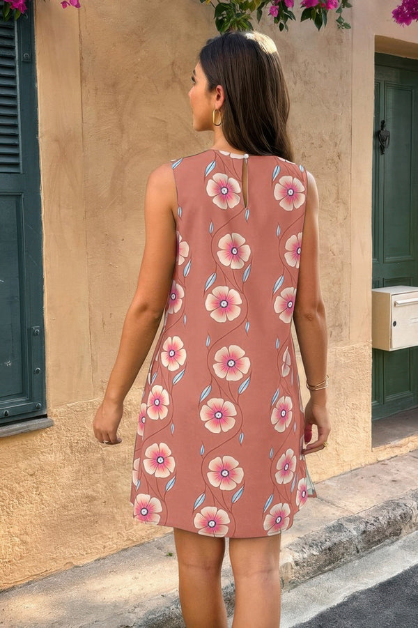 Round Neck Floral Print Sleeveless Loose Dress - | SmartBuyApparel