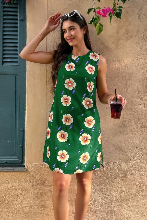 Round Neck Floral Print Sleeveless Loose Dress - | SmartBuyApparel