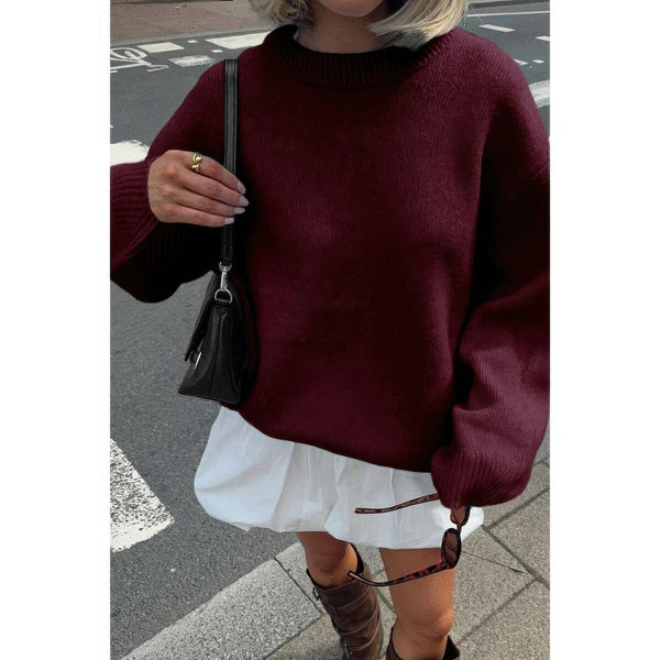 Round Neck Long Sleeve Knitted Loose Sweater - Women's sweater - SmartBuyApparel
