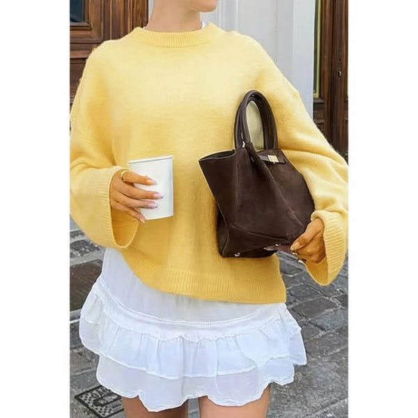 Round Neck Long Sleeve Knitted Loose Sweater - Women's sweater - SmartBuyApparel