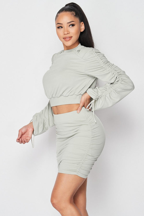 Ruched Long Sleeve And Skirt Set - Type: Women's clothing set - SmartBuyApparel