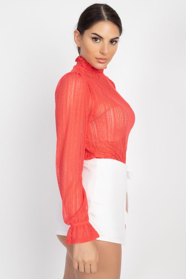 Ruffle Mock Neck Lace Top - Women's top - SmartBuyApparel