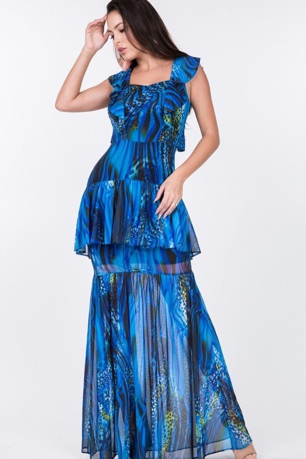 Ruffle Sleeve Tiered Bottom Print Long Dress - Dress - SmartBuyApparel