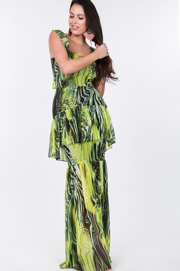 Ruffle Sleeve Tiered Bottom Print Long Dress - Dress - SmartBuyApparel