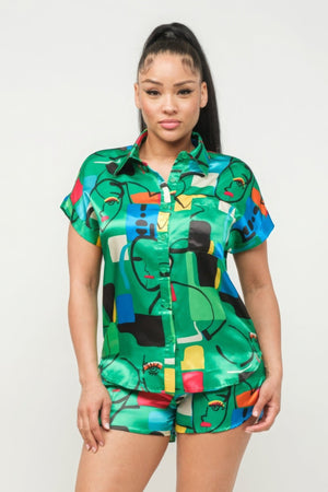 Satin Dolman Print Button Down Top And Shorts Set - Women's set - SmartBuyApparel