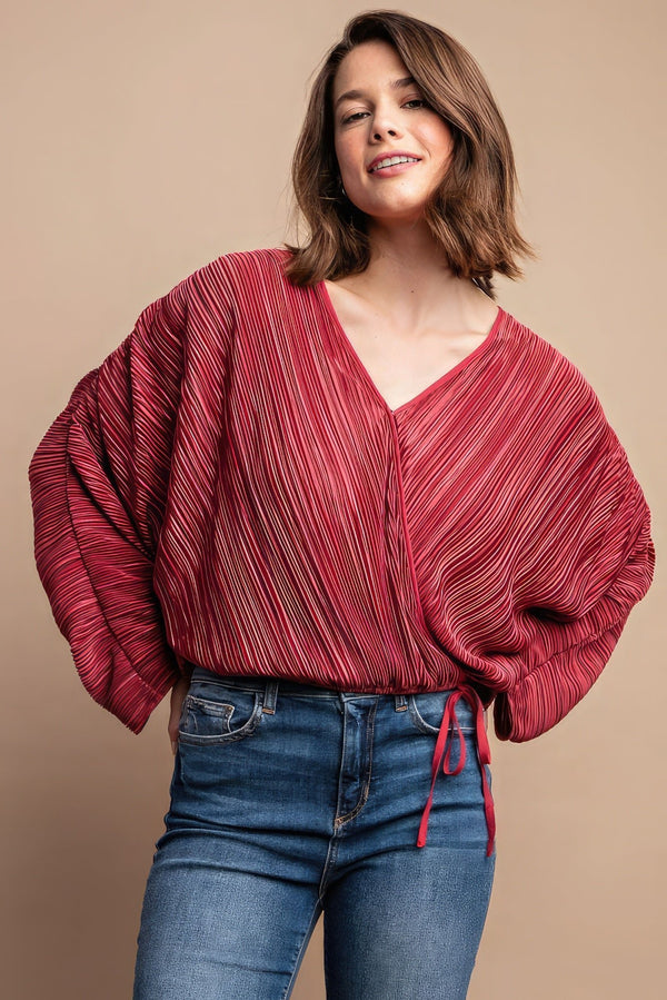 Satin Pleated Drawstring Top With Snap Button - Women's top - SmartBuyApparel