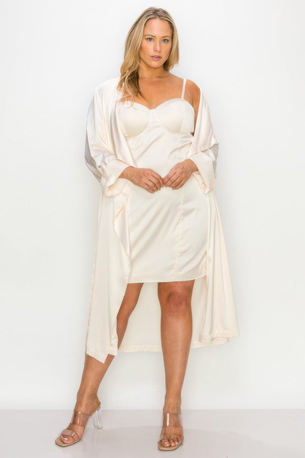 Satin Strap Dress With Self Belt Coat Set - Women's set - SmartBuyApparel