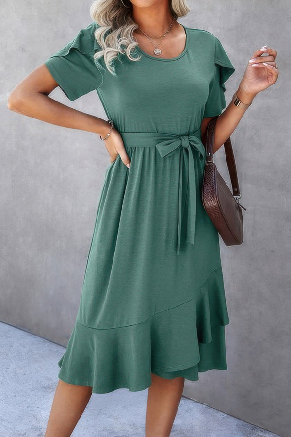 Scoop Neck Short Sleeve Solid Dress - | SmartBuyApparel