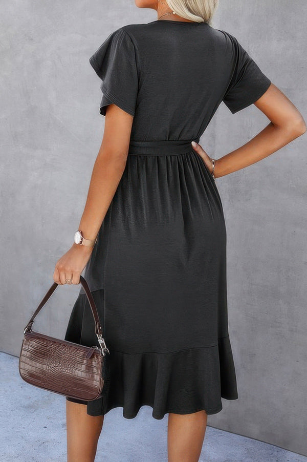 Scoop Neck Short Sleeve Solid Dress - | SmartBuyApparel