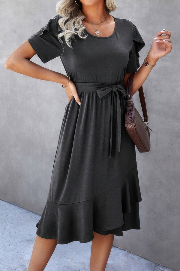 Scoop Neck Short Sleeve Solid Dress - | SmartBuyApparel