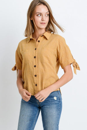 Short Sleeve Button - Up Women's Top With Tie Sleeve - Type: Women's top - SmartBuyApparel