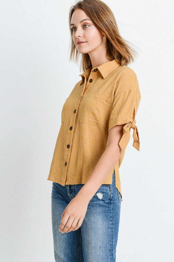 Short Sleeve Button - Up Women's Top With Tie Sleeve - Type: Women's top - SmartBuyApparel