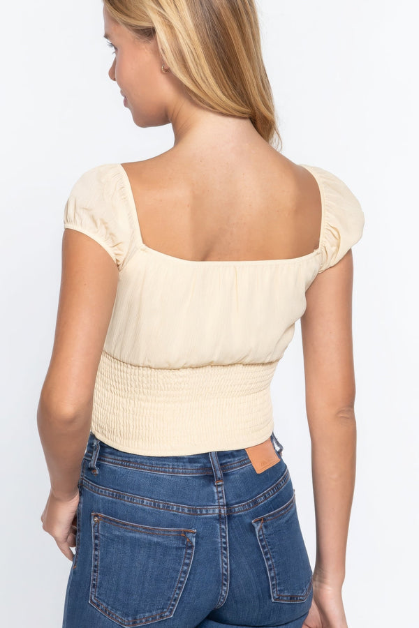 Short Sleeve Front Tie Ruched Detail Woven Top - Women's top - SmartBuyApparel