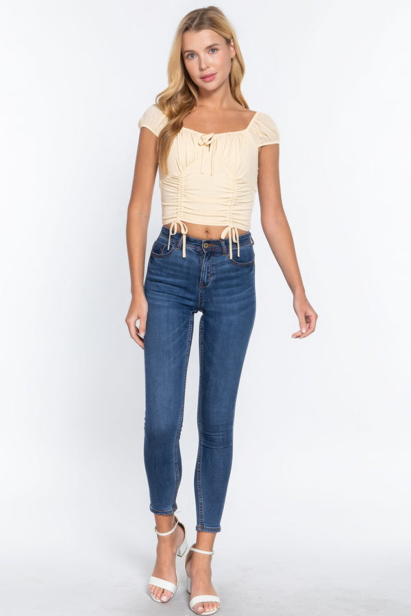 Short Sleeve Front Tie Ruched Detail Woven Top - Women's top - SmartBuyApparel
