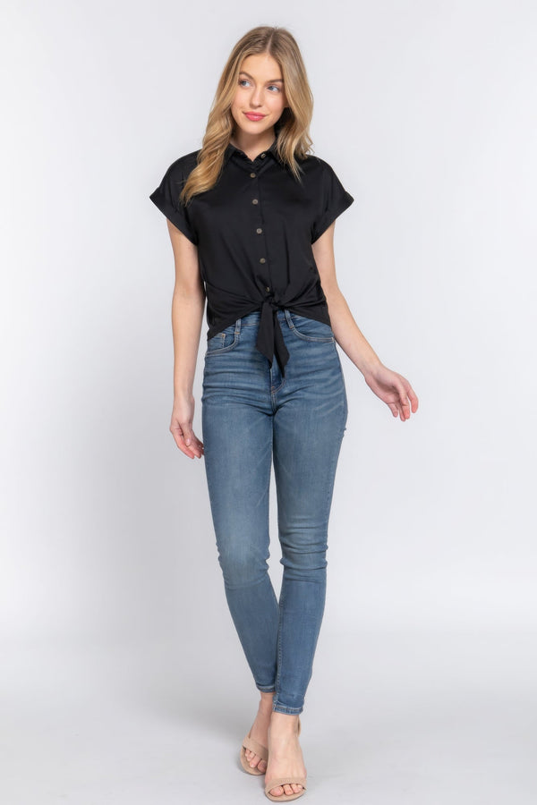 Short Sleeve Front Tie Stretch ITY Top - Women's top - SmartBuyApparel