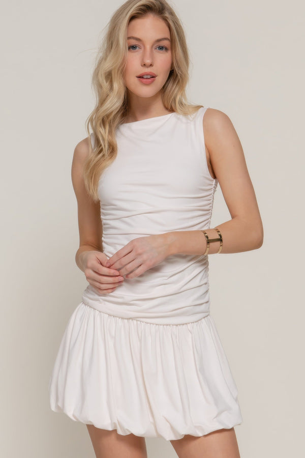 Sleeveless Boat Neck Voluminous Mini Dress - Dress - SmartBuyApparel