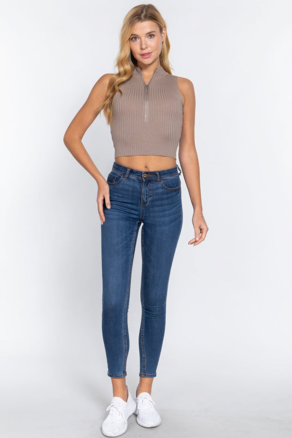 Sleeveless Rib Sweater Top W/Zipper - Women's sweater - SmartBuyApparel