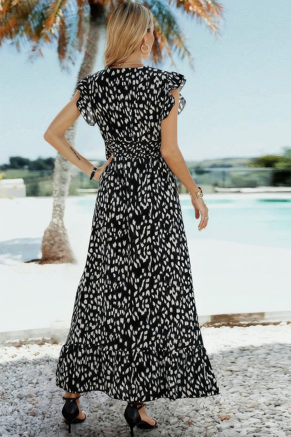 Sleeveless Tie Waist Surplice Wrap Leopard Dress - | SmartBuyApparel