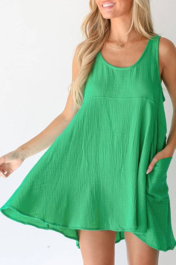 Solid A Line Pockets Low Back Knot Midi Dress - | SmartBuyApparel