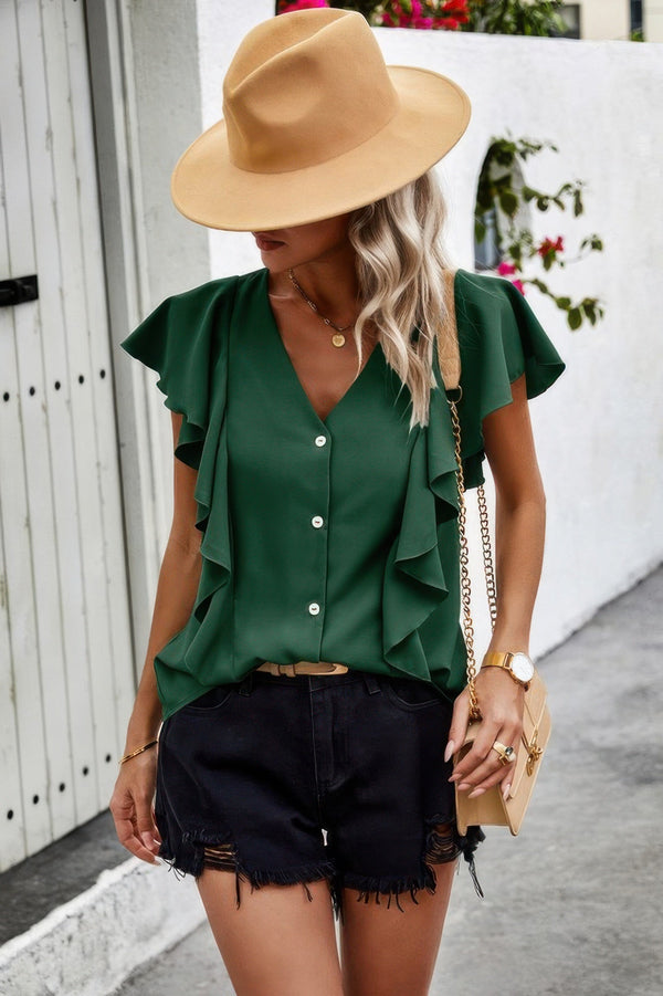 Solid Button Ruffle V Neck Fit Blouse - | SmartBuyApparel