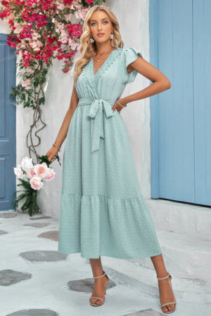 Solid Deep V Dot Lace Belt Long Dress - | SmartBuyApparel