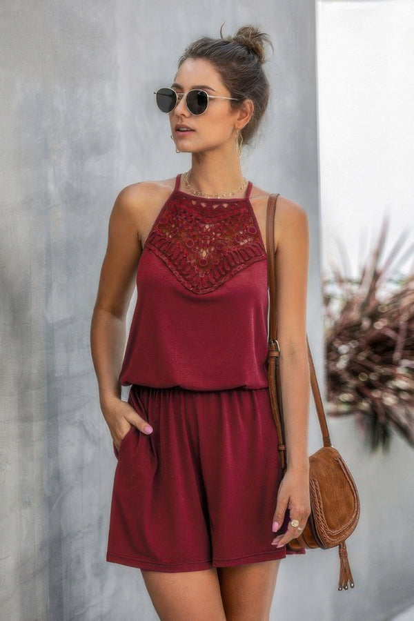 Solid Halter Lace Sleeveless Patchwork Romper - | SmartBuyApparel
