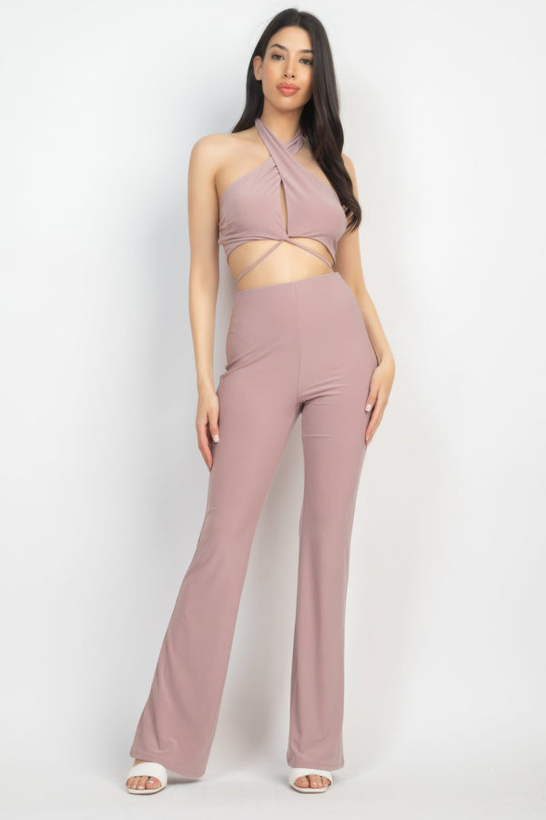 Solid Halter Top And Elastic Leggings Set - Women's set - SmartBuyApparel