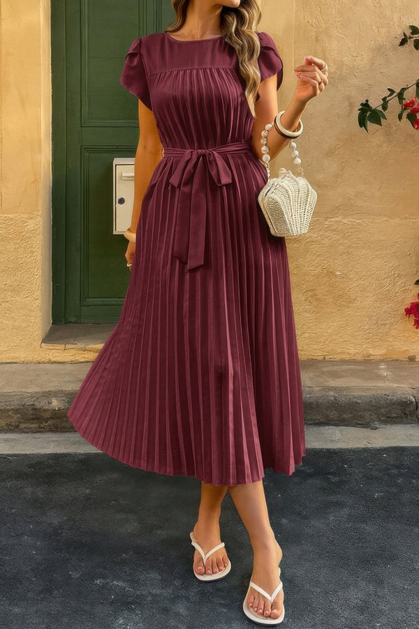 Solid Pleated Belt Short Puff Sleeves Fit Dress - | SmartBuyApparel