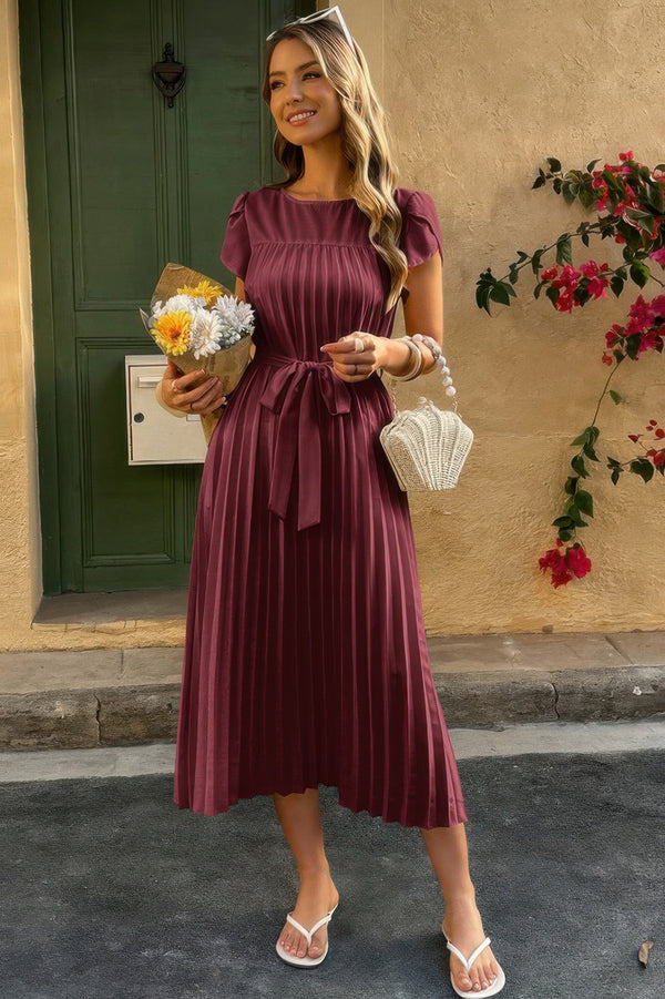 Solid Pleated Belt Short Puff Sleeves Fit Dress - | SmartBuyApparel