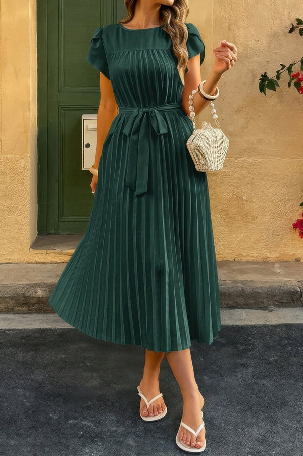 Solid Pleated Belt Short Puff Sleeves Fit Dress - | SmartBuyApparel