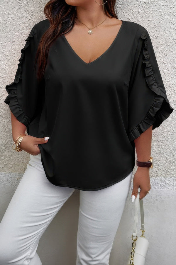 Solid Plus V Neck Ruffle Trim Petal Sleeve Blouse - | SmartBuyApparel