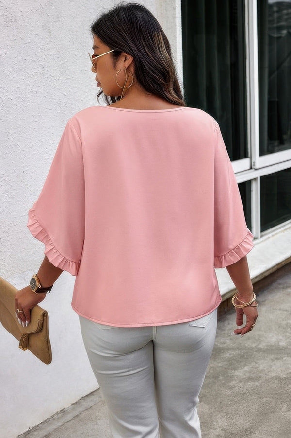 Solid Plus V Neck Ruffle Trim Petal Sleeve Blouse - | SmartBuyApparel
