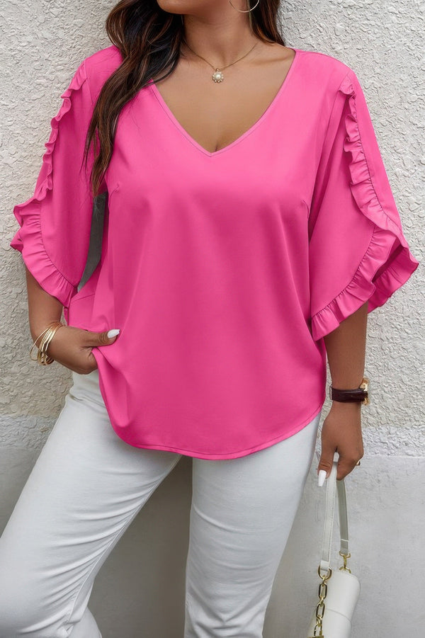 Solid Plus V Neck Ruffle Trim Petal Sleeve Blouse - | SmartBuyApparel