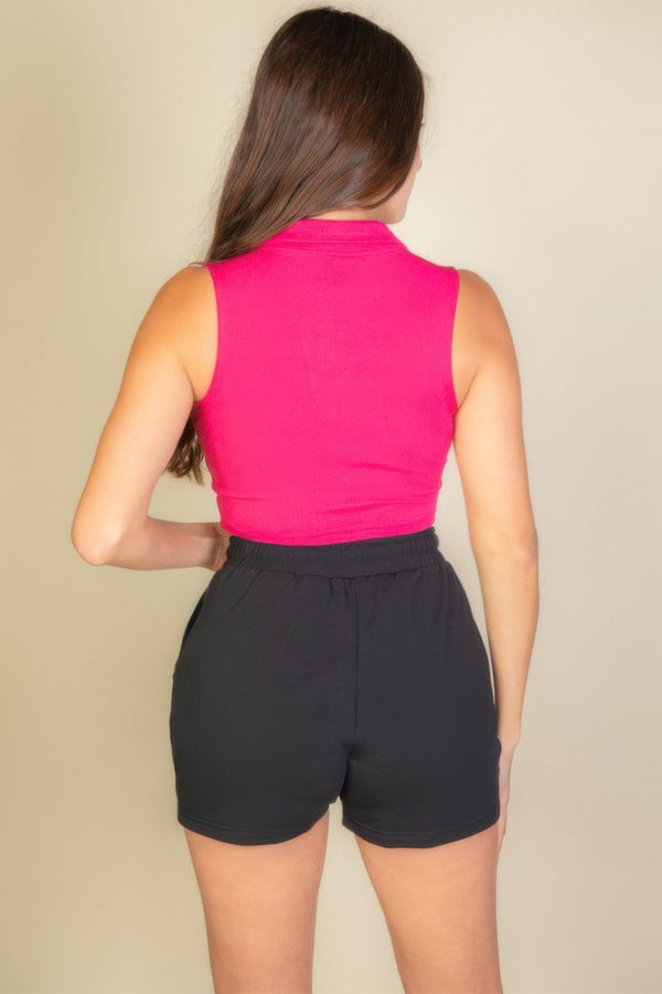 Solid Ribbed Polo Neck Tank Top - Women's top - SmartBuyApparel
