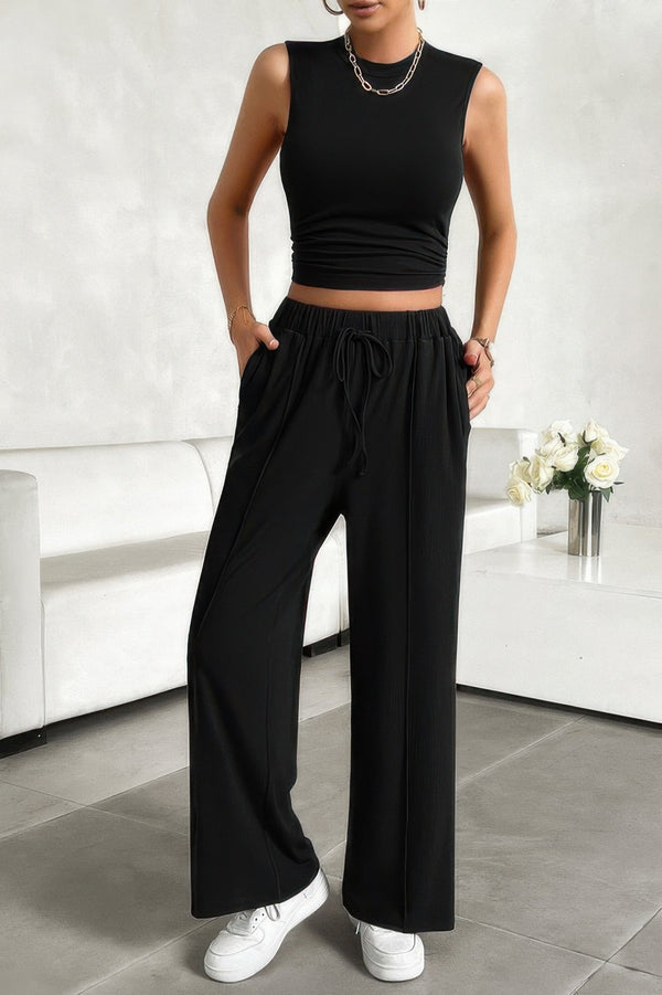 Solid Round Neck Sleeveless Drawstring Pockets Set - | SmartBuyApparel