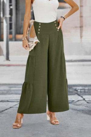Solid Ruffle Button Wide Leg Pant - | SmartBuyApparel