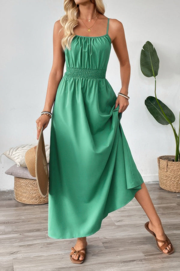 Solid Sleeveless Ruched Elactic Waist A Line Dress - | SmartBuyApparel