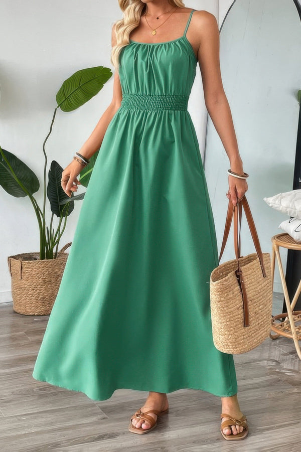 Solid Sleeveless Ruched Elactic Waist A Line Dress - | SmartBuyApparel