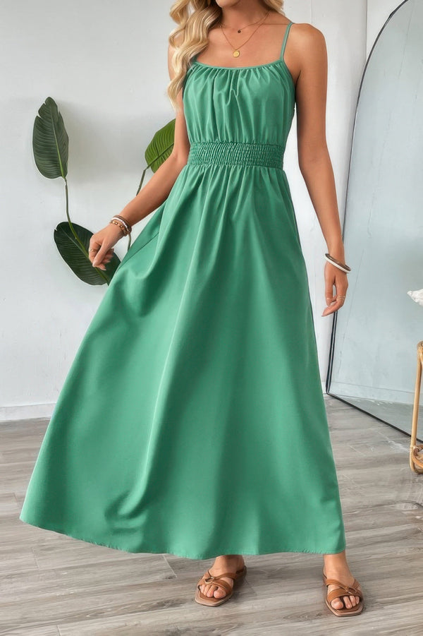 Solid Sleeveless Ruched Elactic Waist A Line Dress - | SmartBuyApparel