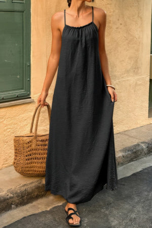 Solid Sleeveless Strap Elastic Neck Midi Loose Dress - | SmartBuyApparel