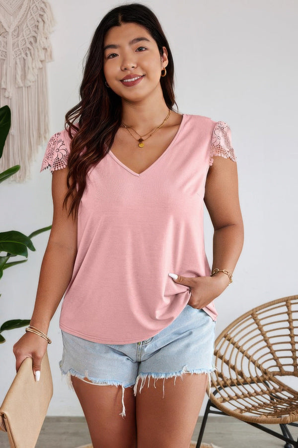 Solid V Neck Lace Splicing Back Bowknot T Shirt - | SmartBuyApparel