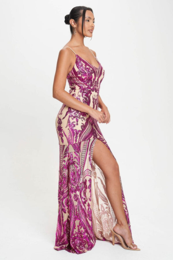 Spaghetti Strap Art Deco Sequins Maxi Dress - Dress - SmartBuyApparel